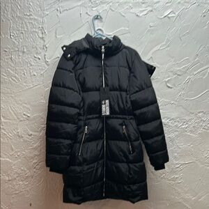 Black Puffer Coat with Hood and Belt